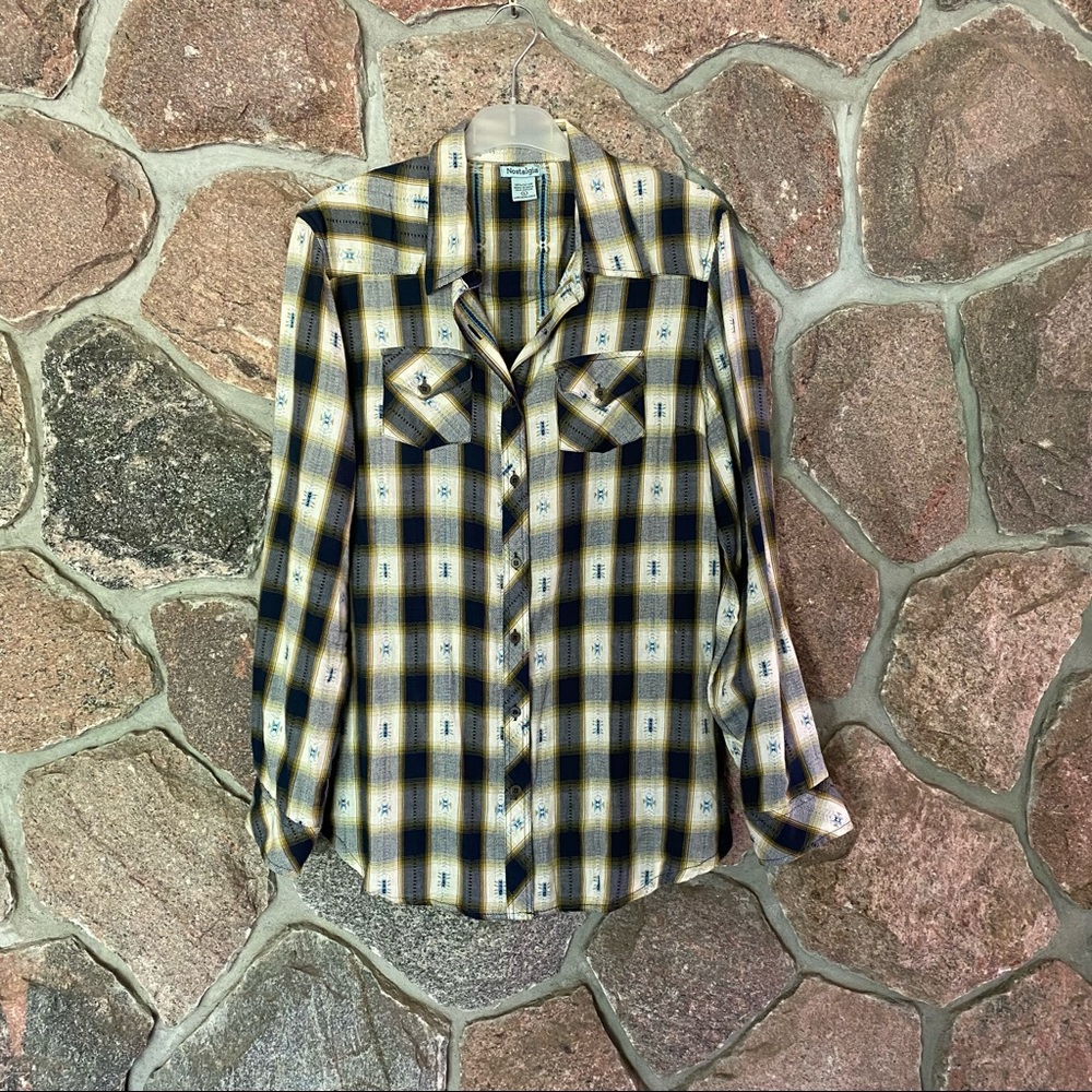 Nostalgia brand cream and navy blue plaid flannel shirt